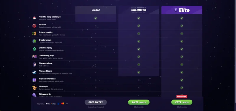 GeoGuessrs Preisseite 2026 mit den Plänen Limited (gratis), Unlimited und Elite