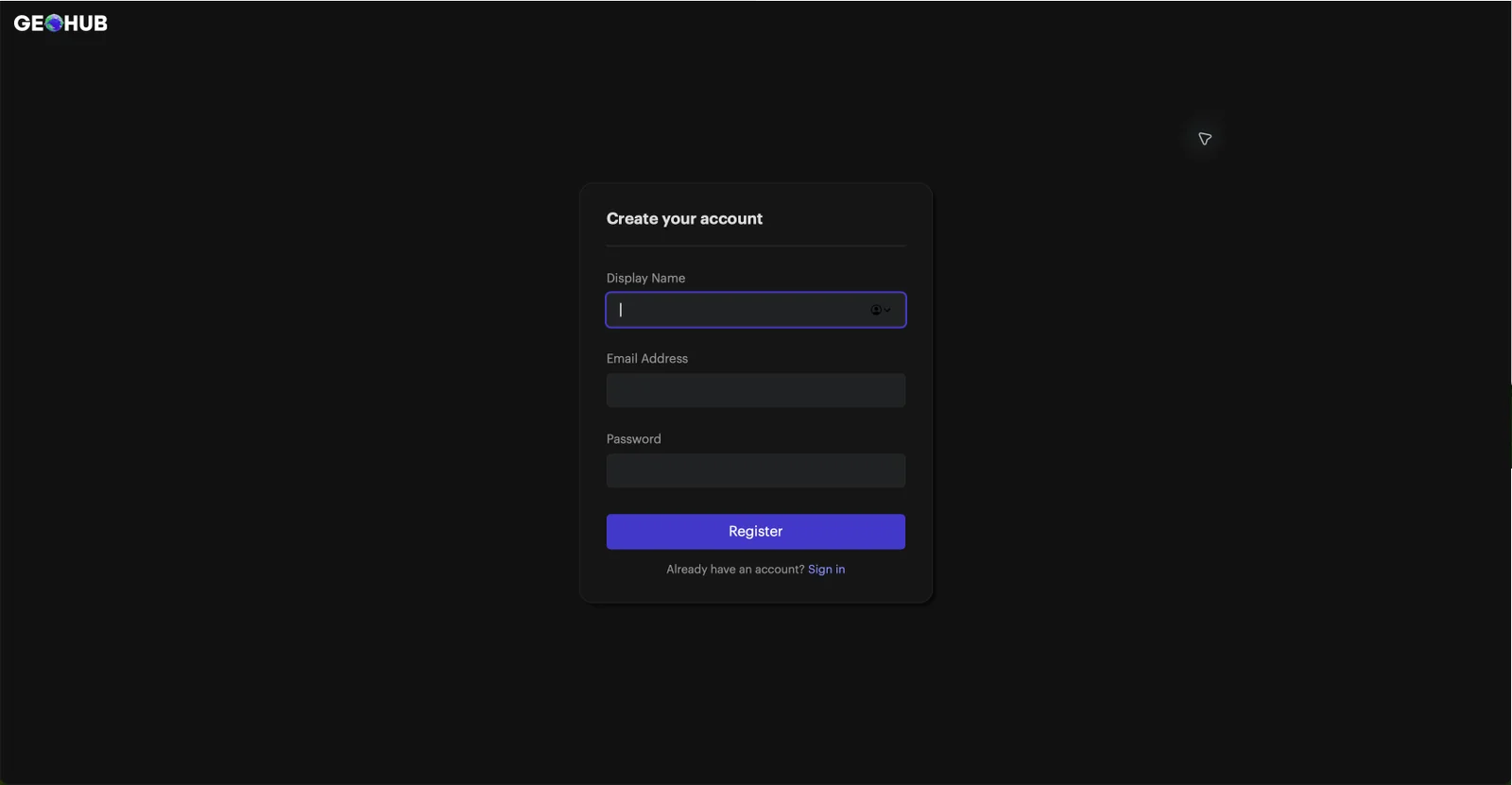 GeoHub's registration form, which appears immediately after clicking Play Now