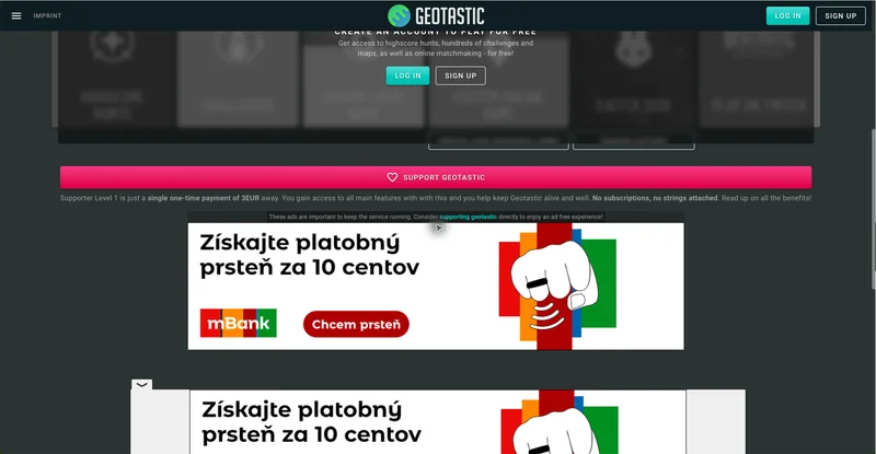 Geotastic-Startseite mit Login-Gate, Supporter-Hinweisen und Display-Werbung