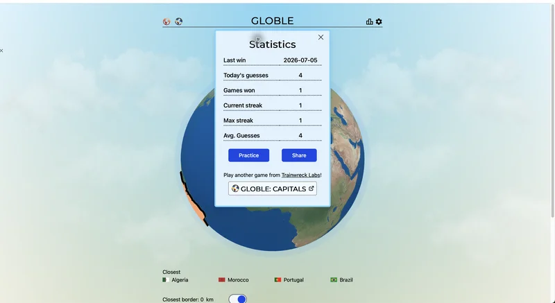 Globle's globe with colored guesses converging on the daily mystery country