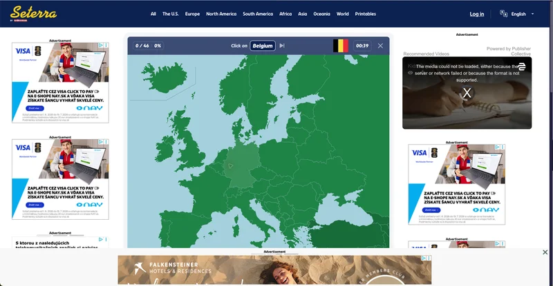 Seterra's Europe countries quiz mid-game, surrounded by multiple display ads