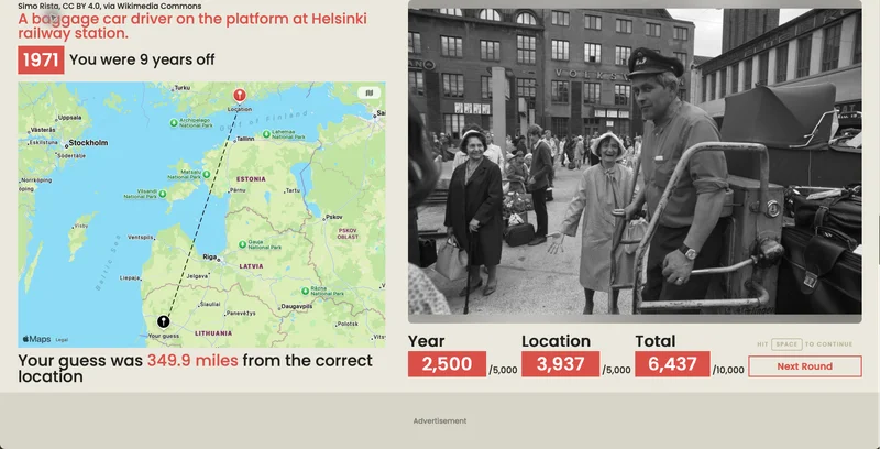 TimeGuessr-Auswertung: ein Foto des Hauptbahnhofs Helsinki von 1971, daneben getrennte Punkte für Jahr, Ort und Gesamt