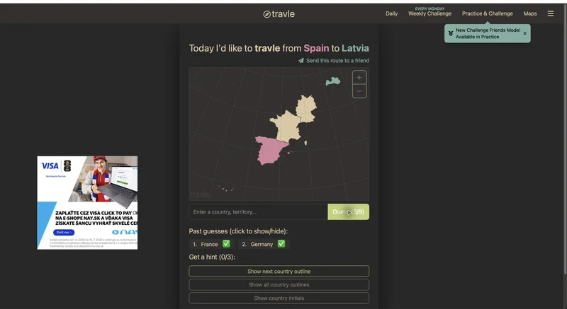 Travle mid-game: routing from Spain to Latvia with France and Germany already placed