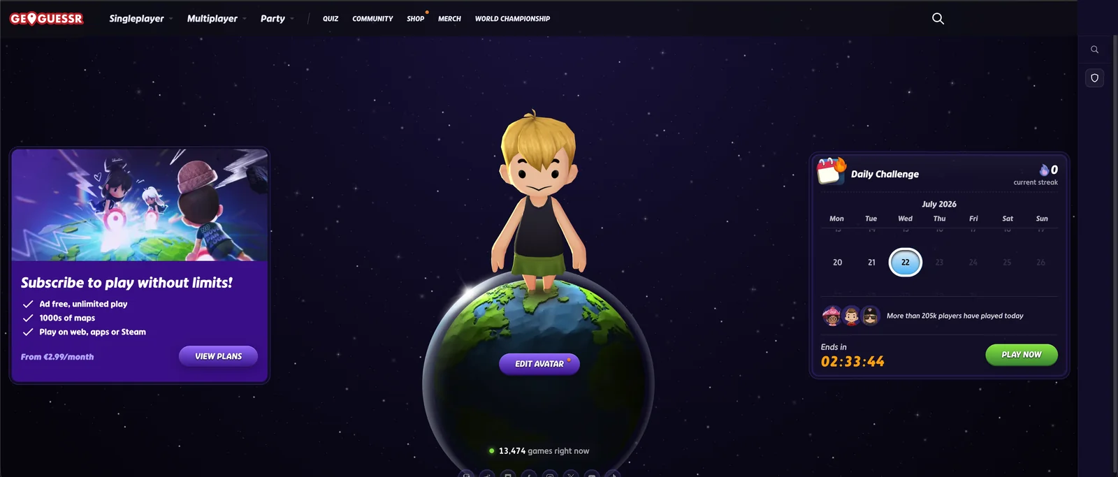 GeoGuessr's logged-in home screen for a free account in July 2026, with the subscription banner on the left and the Daily Challenge card showing more than 205k daily players
